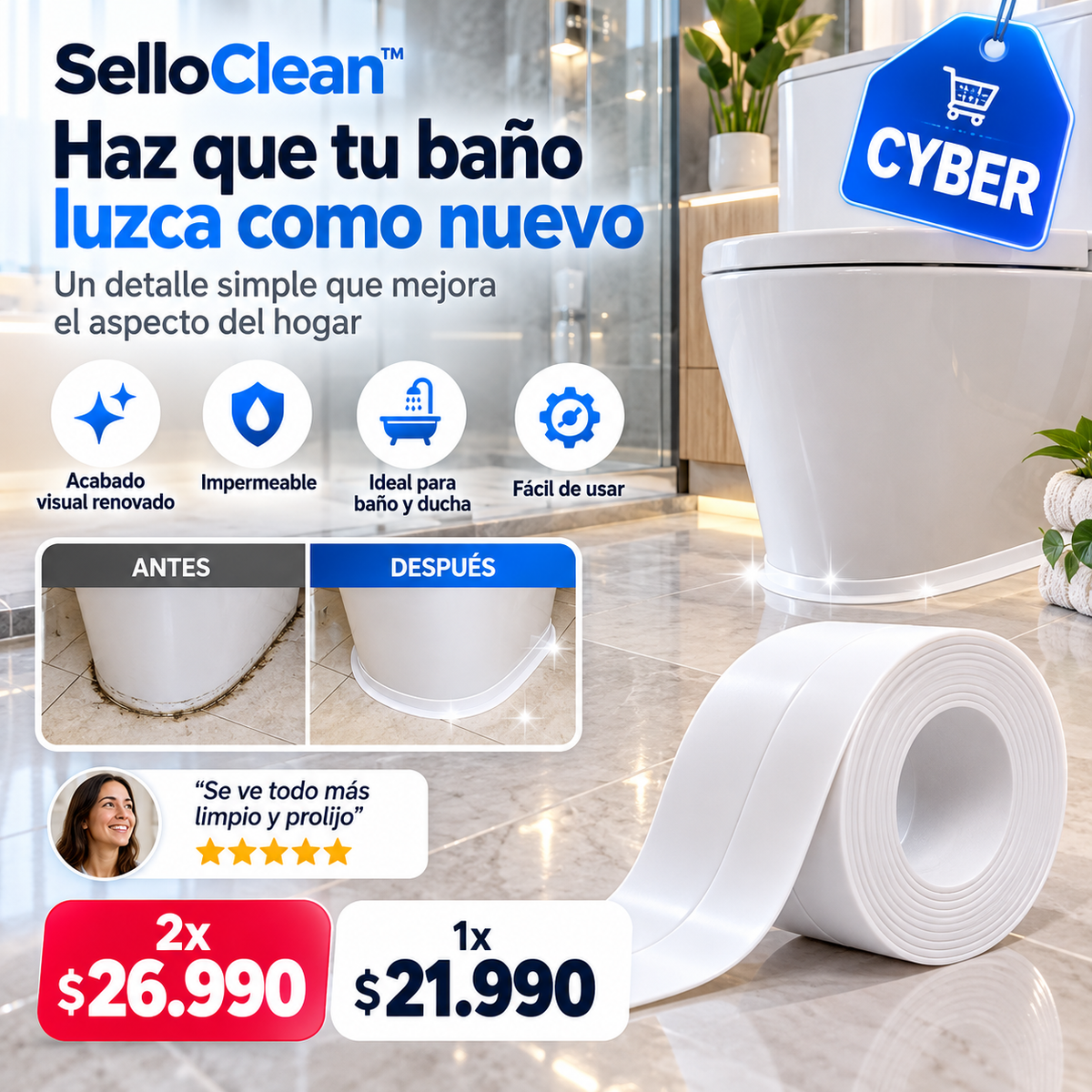 SelloClean™ Cinta Selladora Antimoho para Baño y Cocina