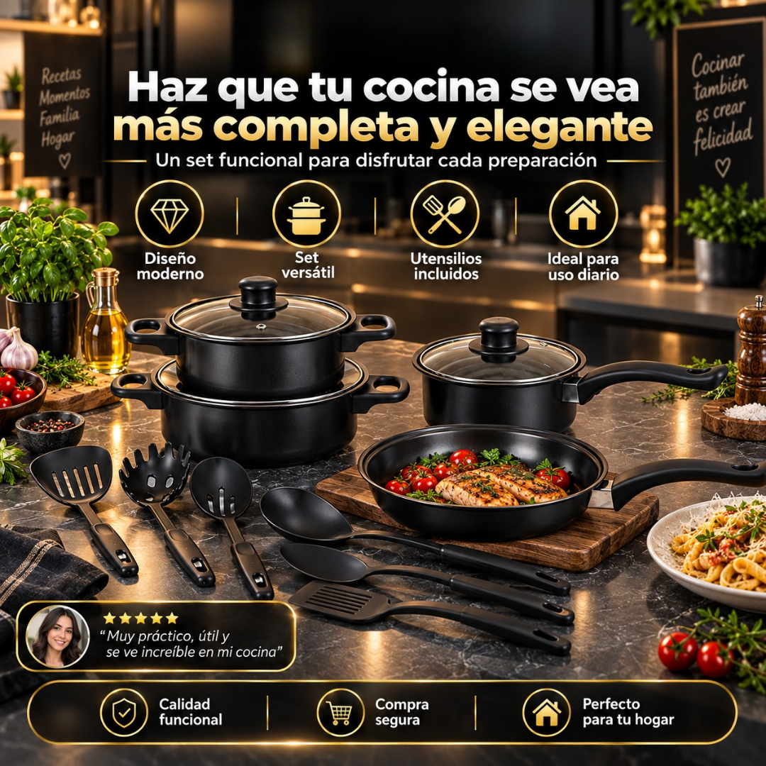 Set de Cocina 13 Piezas  Ollas + Tapas + Utensilios