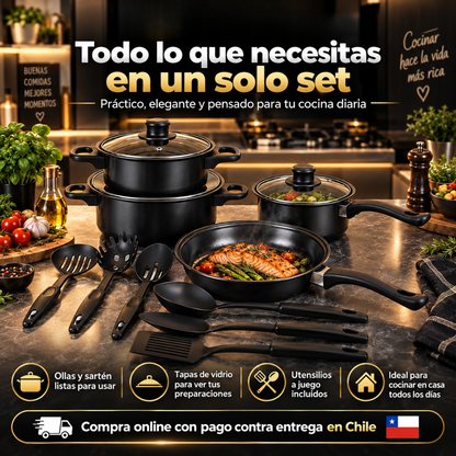 Set de Cocina 13 Piezas  Ollas + Tapas + Utensilios